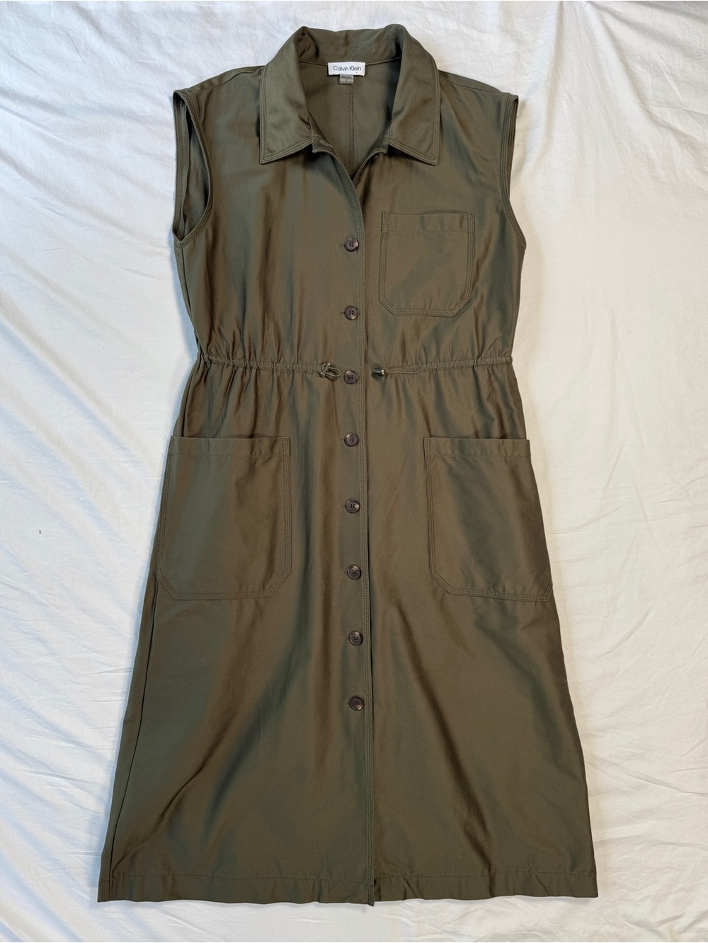Calvin Klein Olive Sleeveless Button-Front Midi Dress